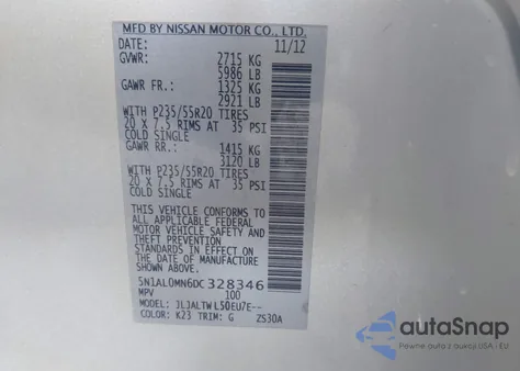 2013 Infiniti Jx35 from USA, damaged, VIN 5N1AL0MN6DC328346